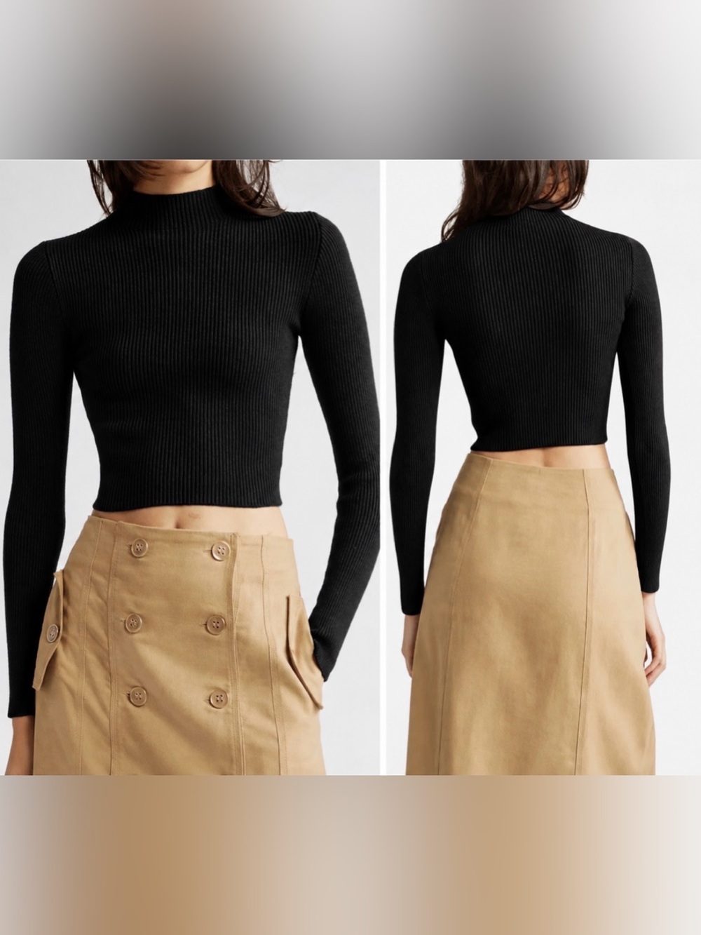 FARM Rio Black Mock Neck Ribbed Cropped Long-Sleeve Top